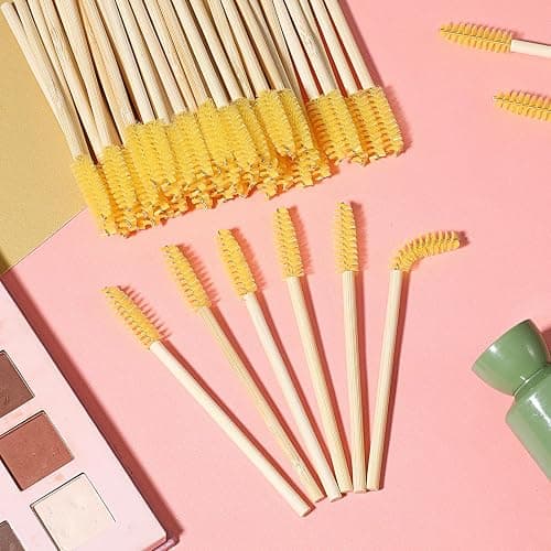 100 Pcs Disposable Mascara Wands, Premium Bamboo Spooly Brushes | for Eyelash Extensions, Professional Makeup Kits Lash Extension Tool, Gentle Eyelash Eyebrow Applicator Sticks (Yellow) thumbnail 2
