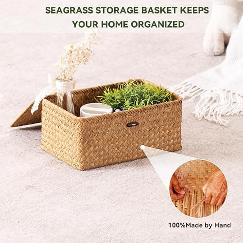 Nonam Storage Basket with Lid, Natural Seagrass Bin with Lid Set of 3, Shelf Baskets Multipurpose Container for Boho Decoration, Rectangular Household Storage Boxes for Home Organization thumbnail 5
