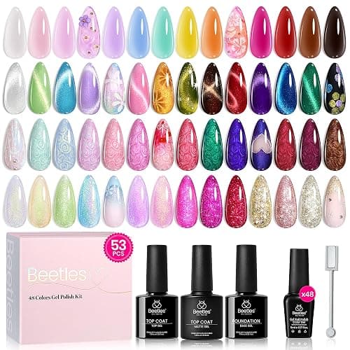 Beetles Cat Eye Gel Nail Polish Set, 53 PCS 48 Colors Gel Polish Kit with Pink Blue Purple Green Red Shades, Glitter Jelly Pearl Nail Gel, Base Coat, Glossy Matte Top Coat & Magnet - Image 1