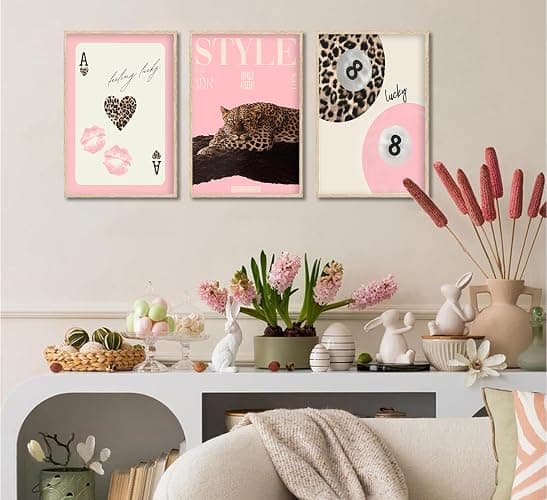3Pcs Trendy Pink Leopard Wall Art Preppy Leopard Lucky 8 Ball Poster Printing Artwork Y2k Coquette Funky Cheetah Aesthetic Room Decoration for College Apartment, Girls Bedroom Dorm Scene Home Decor thumbnail 3