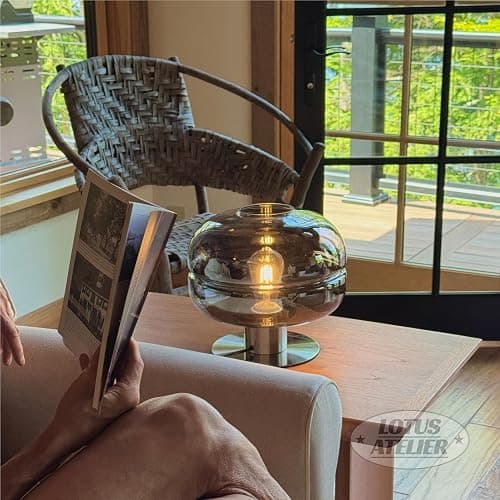 Lotus Atelier Modern Table Lamp, Smoked Glass Shade, Brushed Metal Base Aesthetic Home Decor thumbnail 5