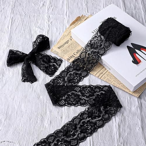 Black Lace Fabric, 2.4 Inch 2.4 Inch 5.5 Yards Black Lace Trim Sewing Trim & Embellishments Elastic Vintage Fabric Applique Ribbon Vintage Wide Tulle for Sewing,Crafting,Wedding,Gift Wrapping thumbnail 7