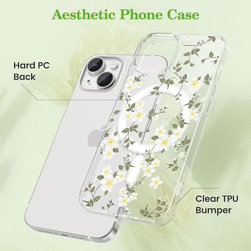 ZTOFERA for iPhone 13/14 Magnetic Case Compatible with Magsafe,Aesthetic Floral Pattern Design Cute for Girl Women,Anti-Drop Protective Hard Phone Cover for iPhone 13/14-Big White Flower thumbnail 3