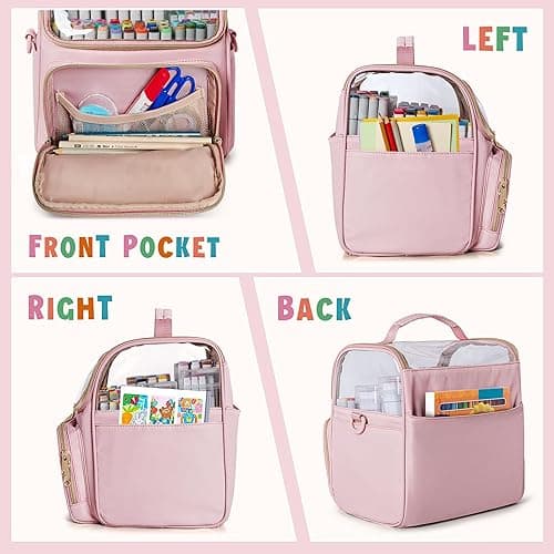 Rexmica Large Marker Organizer Case for 180 Markers, Marker Storage Bag with Dividers and 4 Pockets for Paint Markers, Paint Brushes, Colored Pencils or Other Art Supplies, Black (Patented Design) - Pink thumbnail 3