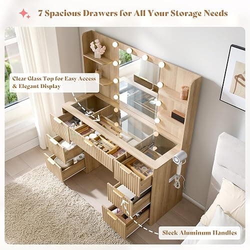 AMERLIFE 47.2" Fluted Vanity Desk with Mirror and Adjustable LED Lights, Large 7 Drawers Makeup Table with Glass Top and Charging Station for Women and Girls, Bedroom or Dorm, Natural Oak thumbnail 9