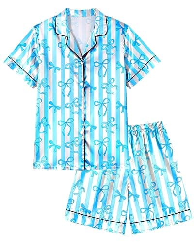 Sylfairy Girls Pajamas Silk PJS Set Bow Satin Sleepwear Short Sleeve Jammies for Kids Button-Down Nightwear size 7-8 10-12 - Image 1