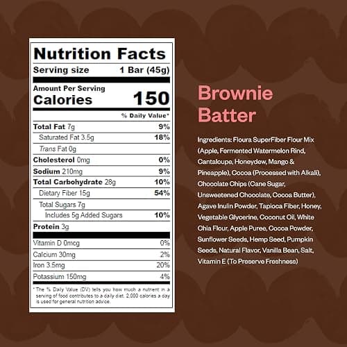 Floura Brownie Batter Chocolate & Fruit Fiber Bars– High Fiber, Vegan, Gluten & Dairy Free, Low Calorie Healthy Snack Bars with Upcycled Produce for Gut Health [12 Pack] thumbnail 2