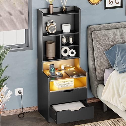 ADORNEVE Tall Night Stand with Charging Station and LED Lights,Nightstand with Bookshelf,Bedside Table with Drawers & Power Outlets,End Side Table for Bedrooms (Black) thumbnail 2