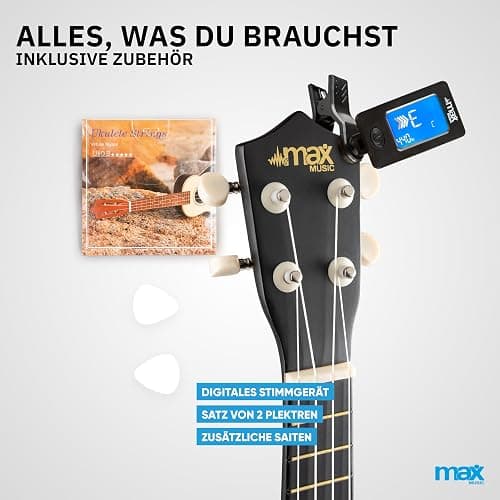 MAX UKEY Ukulele Komplett Set inkl. Plektren, digitalem Stimmgerät und Tasche, 21" mini Gitarre, Ukulele Erwachsene mit Zubehör für Anfänger, Soprano, 4 Nylon Saiten, 12 Bünde - Schwarz thumbnail 2