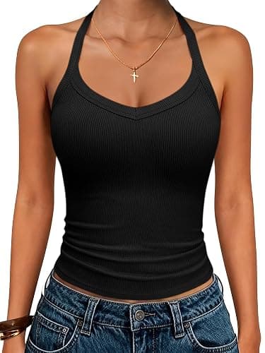 ANRABESS Women Halter Crop Tank Tops V Neck Backless Ribbed Fitted Sleeveless Cami Shirts 2026 Summer Workout Gym Clothes - Image 1
