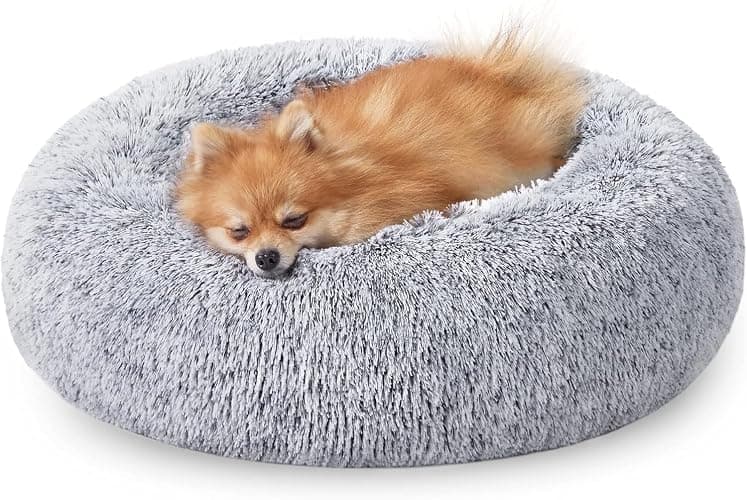 JOLLYVOGUE Small Dog & Cat Beds for Indoor Cats, Donut Cuddler Warming Soft Dog Beds with Anti-Slip Bottom, Round Calming Fluffy Plush Faux Fur Cushion Bed for Small Medium Dogs (20", Smoke Grey) - Image 1