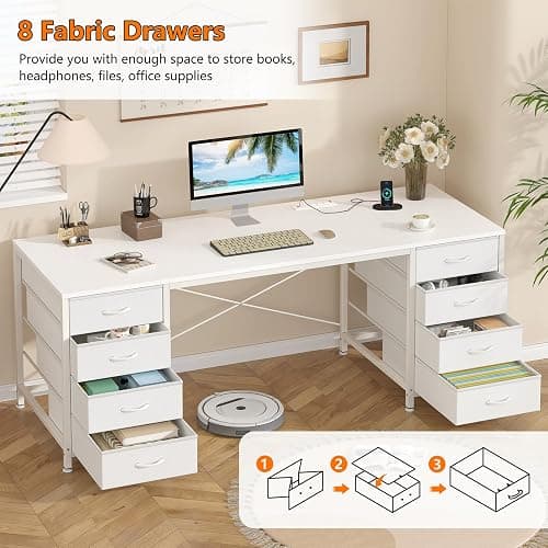 YOMILUVE 60 Inch Computer Desk with 8 Drawers, Home Office Desk with Power Outlets, Work Study Gaming Desk with 8 Fabric Drawers thumbnail 6