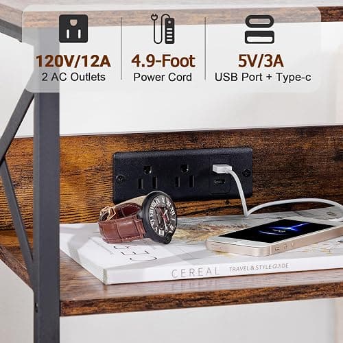 AMHANCIBLE Record Player Stand with Charging Station, Turntable Stand with Storage Cabinet, 3 Tier End Table Hold Up to 100 Albums, Record Table for Vinyl, Living Room, Rustic Brown, HETCD01BR-1 thumbnail 5
