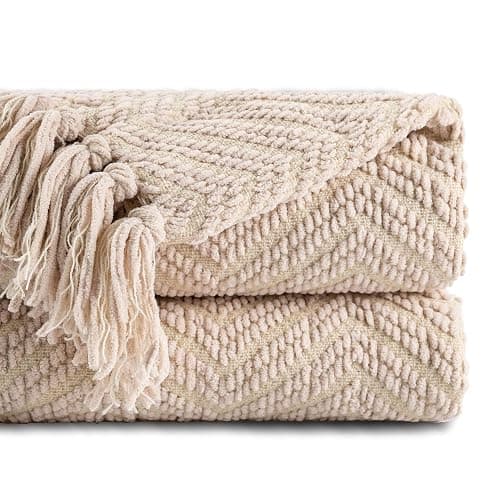 BATTILO HOME Beige Throw Blanket for Couch, Knitted Beige Throw for Bed, Neutral Throw Blankets Tan Throw Blanket for Room Decor Housewarming Gifts, 50" x 60" thumbnail 2
