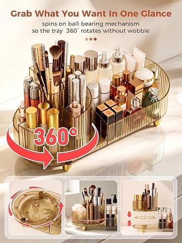 Booklov Rotating Makeup Organizer for Vanity Countertop, Amber | Clear Acrylic Cosmetic Display Case, Large Beauty Brush Holder for Bathroom Counter, Skincare Lipsticks Storage thumbnail 8