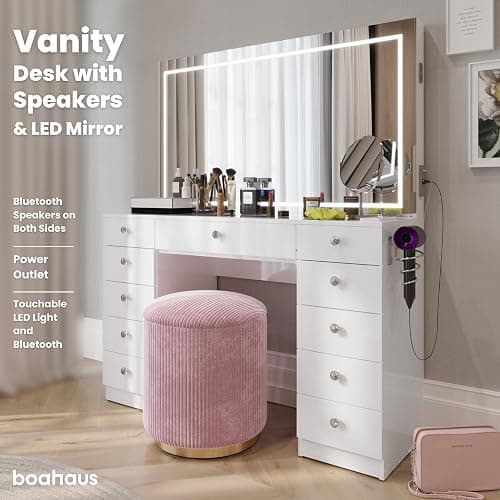 Boahaus Amelia Large Makeup Vanity Desk with Dimmable LED, 2 Bluetooth Speakers, USB Type C & Type A, 110 V Power Outlet, 11 Drawers, Crystal Knobs, Premium White thumbnail 7