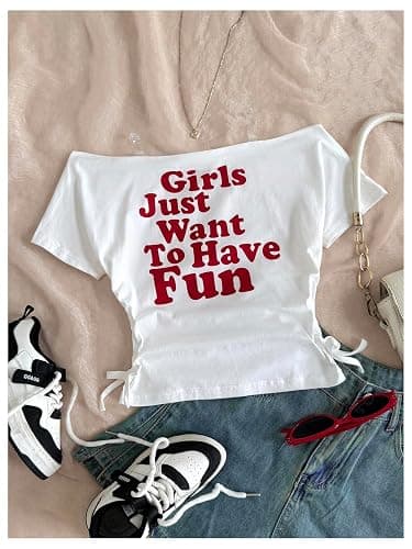 RoseSeek Girl's Off The Shoulder Letter Graphic Tees Short Sleeve Ruched Bowknot T Shirts Cute Crop Tops thumbnail 5