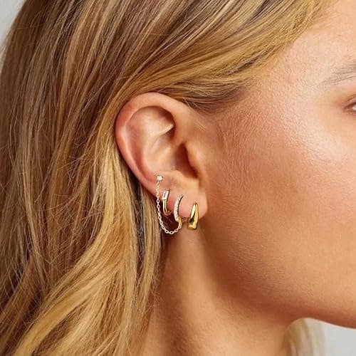 Gold Earrings Set for Women, 14k Gold Plated Dangle Huggie Earrings Sets for Multiple Piercing, Hypoallergenic Stackable Small Gold Chain Hoop Earrings for Women Jewelry thumbnail 4
