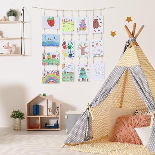 KLOGTSIND Hanging Photo Display with Clips Wall Decor, Boho Wooden Beads Garland Picture Banner, Collage Card Kids Art Holder Photo String with 28 Clips for Room Dorm Decor, Christmas Teen Girl Gifts thumbnail 6