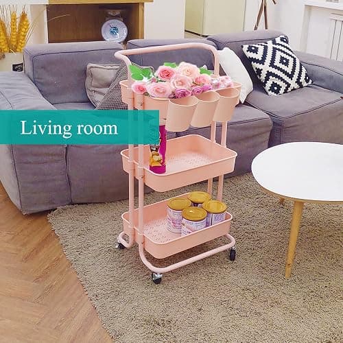 Lontenrea 3-Tier Multifunction Rolling Cart Utility Storage Shelves Cart with Hanging Cup Lockable Wheels and Handle for Office Living Room Kitchen Bathroom (Pink) thumbnail 6