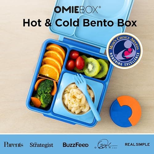 OmieBox Bento Box for Kids - Insulated Bento Lunch Box with Leak Proof Vacuum Insulated Food Jar - 3 Compartments, Two Temperature Zones (Blue Sky) thumbnail 4