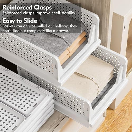 TidyIsles Wardrobe Storage Organiser - 4 Pack Folding Closet Organisers, Stackable Storage Boxes, Plastic Drawer Organiser Basket for Bedroom Kitchen Bathroom White thumbnail 5