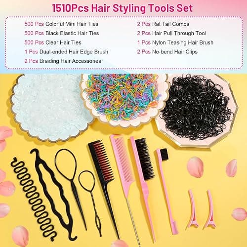 Evatage 1512Pcs Small Hair Rubber Bands with Hair Loop Styling Tool Colorful Mini Hair Elastics with Topsy Pony Tail Hair Tool Hair Braiding Tools for Girls Kids Hair Styling Accessories Kit thumbnail 2
