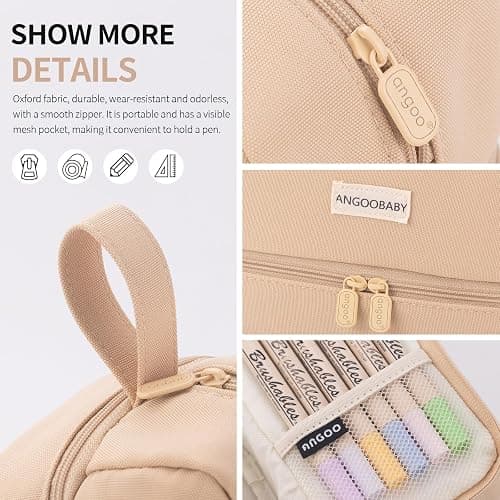 ANGOOBABY Big Capacity Large Pencil Case Canvas Pen Pouch Bag with 2 Compartments for Girls Boys Teen School Students Adults - Khaki thumbnail 3