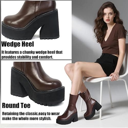 AMINUGAL Womens Wedge Heel Ankle Boots Platform Zipper Punk Motorcycle Booties Chunky Block High Heel Round Toe Fashion Work Combat Boots Mid Calf For Women thumbnail 4