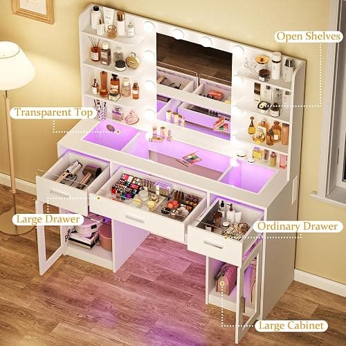 HUAHUU Vanity Desk, Makeup Vanity Desk with Mirror and Lights 3 Colors, Transparent Top with 3 RGB Drawers, 6 Shelves, 2 Large Tempered Cabinets, Power Outlet, for Bedroom, White thumbnail 3