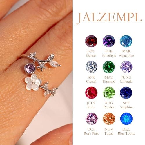 JALZEMPL Birthstone Flower Rings For Women Non Tarnish Gemstone Cubic Zirconia Mother of Pearl Adjustable Size 7-11 Silver Rose 14K Gold Plated Birth Jewelry Gift For Birthday thumbnail 5