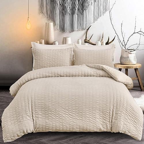 Beige Seersucker Duvet Cover Double Size Puckering Seersucker Bedding Set,2 Pillowcases and Zipper Closure,Soft Microfiber,200x200 cm - Image 1
