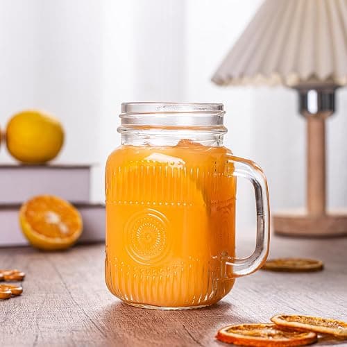 Amzcku vintage Clear Drinking Jar 16 OZ Drinking Jars with Comfortable Handle for Party Beverages 6 pcs thumbnail 5