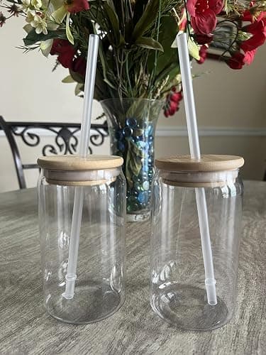 16 oz Clear Plastic Tumbler with Bamboo Lid and Frosted Straw - 2 pack - Image 1