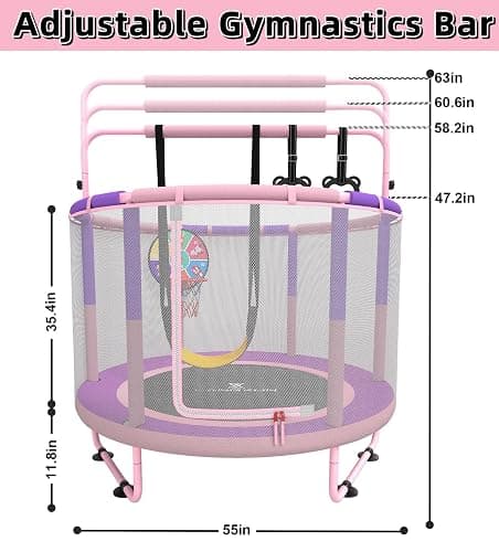 LANGXUN 60" Trampoline for Kids, 5ft Toddler Mini 6-in-1 Trampoline Indoor Outdoor with Swing, Basketball Hoop, Dart Board, Gymnastics Bar, Rings, Christmas Toys Birthday Gifts for Girls Boys Age 1-8 thumbnail 3