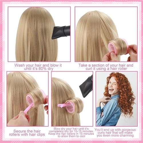 5 Sizes Self Grip Hair Rollers Set, 64 Pcs Rollers Hair Curlers with Clips Comb for Long Medium Short Hair (60 48 40 32 20mm), Pink thumbnail 3