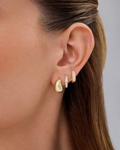 PAVOI 18K Gold Plated 925 Sterling Silver Posts Three Pairs Huggie Hoop Earrings for Women - Triple Gold Hoop Earring Pack with Cubic Zirconia - Chunky Dome Pave Huggie Piercing Statement Jewelry Set thumbnail 2