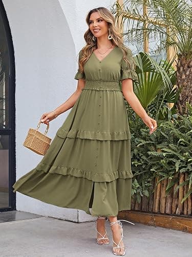 Amegoya Women's V Neck Long Sleeve Boho Maxi Dress Summer Wedding Guest Long Flowy Engagement Dresses thumbnail 3