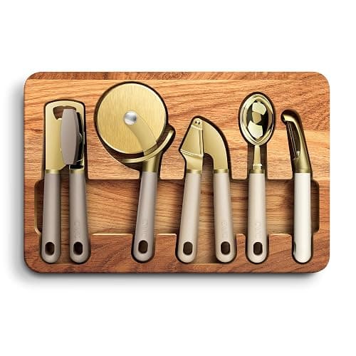 COOK WITH COLOR 6-Piece Kitchen Tool Set with Acacia Wood Cutting Board, Can Opener, Pizza Cutter & Prep Essentials, Brown Ombre - Image 1