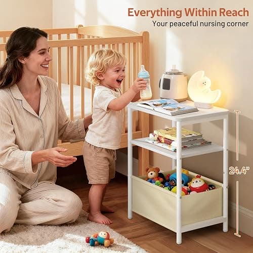 MISSLO Toddler Nightstand with Storage Basket Kids Night Stand with Large Tabletop Nursery Side Table for Living Room Easy Assembly Small End Tables for Small Spaces Toddler Bedroom Decor, White thumbnail 3