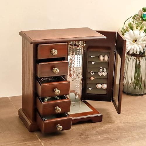Kendal Wooden Jewelry Box for Women, Solid Jewelry Organizer With 5 Drawer, Jewelry Holder Organizer, Wood Jewelry Case with Butterfly Pattern & Mirror for Necklaces, Earring, Rings (Brown with 5 drawer) thumbnail 2