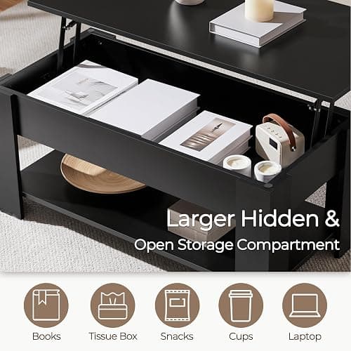 Yaheetech Wooden Coffee Table, Lift Top Coffee Table with Large Hidden Storage Shelf, Lift Tabletop Dining Tables for Living Room, Home Small Space, 38.6in, Black thumbnail 6
