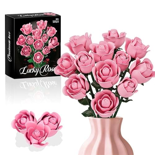 Pink Rose Bouquet Building Set,12Pcs Roses Artificial Flowers Botanical Collection Building Blocks Kit,DIY Rose Building Block Bouquet for Valentine’S Day,Mother’S Day,Home Office Decor (No Vase) - Image 1
