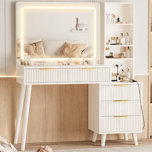 Vanity Desk with Mirror and Lights, Makeup Vanity Desk with Power Outlet, Makeup Desk with 5 Drawers&Storage Shelves, Vanity Table 3 Color Modes Adjustable Brightness Dressing Table Set for Bedroom - Image 1