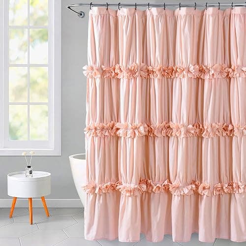 Homechoice Decor Peach Ruffle Shower Curtain, Vintage Handcrafted Bow Tie Bath Curtain for Master Bathroom, Ruched Microfiber Bathroom Curtain with 12 Buttonholes, 72" W x 72" H (LQ-10) - Image 1