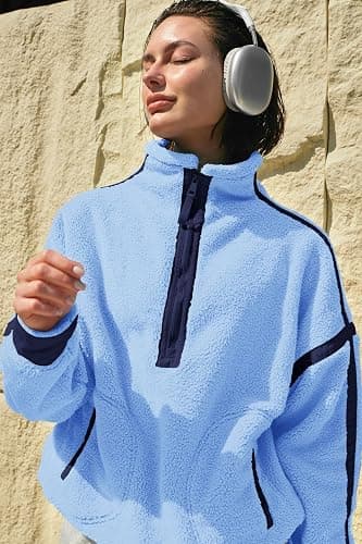 Panadila Womens Half Zip Sherpa Fleece Pullover Soft Oversized Sweatshirt with Pockets Warm Fuzzy Sweater thumbnail 6