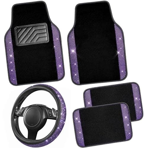 CAR PASS Bling Diamond Leather Steering Wheel Cover 14.5in-15in Floor Mats Shining Rhinestone Carpet Sparkly Glitter Crystal Anti-Slip Pad Fit Automotive SUV Pickup Truck Girl Women, 5pcs Black Purple thumbnail 8