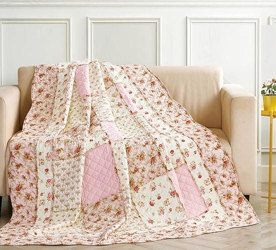 Cozyholy Original 100% Cotton Patchwork Quilt Twin Size Pink Floral Bedspread Coverlet Reversible Vintage Shabby Chic Quilted Throw Blanket Bed Quilt Cover for Couch Sofa thumbnail 4