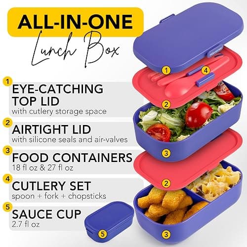 Insulated Stackable Bento Box for Adults with Reusable Chopsticks Japanese Lunch Box Microwavable & Leak Proof Lunch Containers for Men & Women Modern Cute Food Container with Compartments (Lavender) thumbnail 4