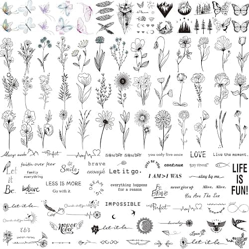 JEEFONNA 100 Sheets Realistic Temporary Tattoos, 240+ Pcs Multicolor Modern Floral & Inspirational Words Tattoos, Waterproof, 3+ Kids - Image 1